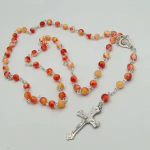 Vintage Style Catholic Handmade Rosary with Red/yellow/blue/purple/green Agate Beads Antique Silver Plated Crucifix Necklace