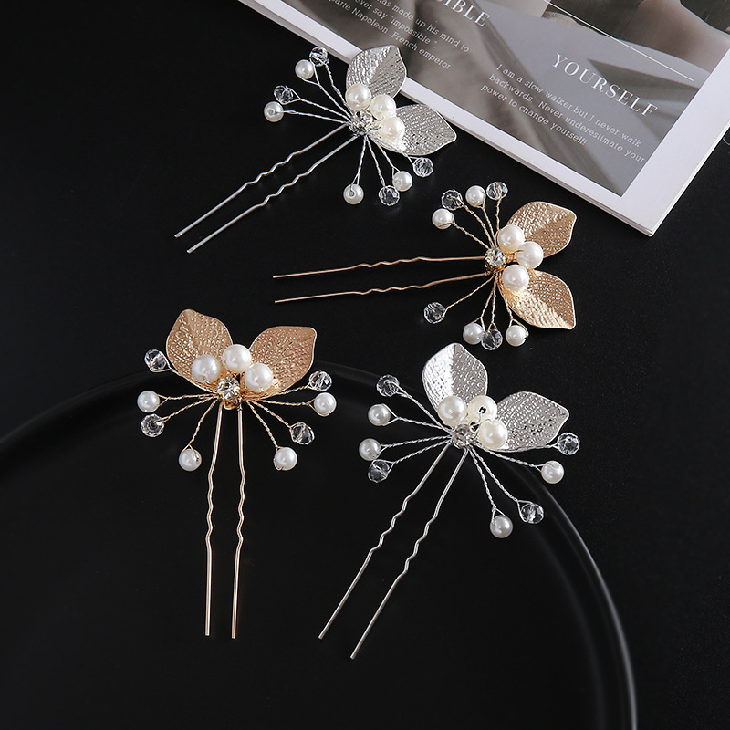 European American Baroque Style Bridal Headdress Gold Leaf U-Shaped 5cm Alloy Hairpin Wedding Photo Studio Hair Accessories
