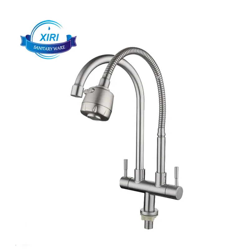 Stainless Steel Kitchen Faucet Single Cold Double Pipe Double Handle Universal Rotation Kitchen Sink Double Outlet Faucet XR7895