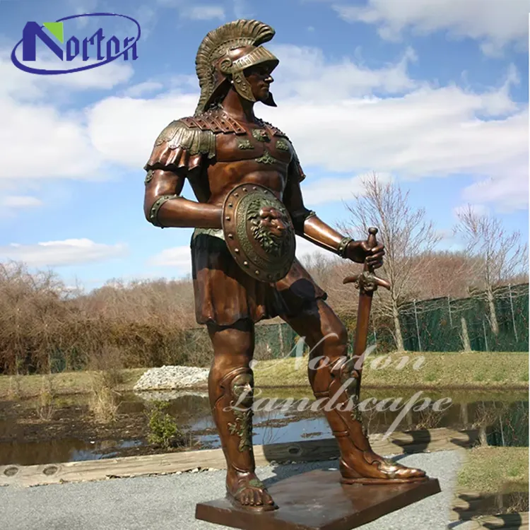 Armadura de Metal tallada a mano para exteriores, estatua de bronce, soldado romano, Guerrero con escudo