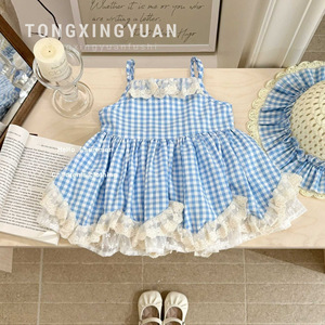 Tongxingyuan Girls' Plaid Dress With Lace Trim Summer Children's Clothing Blue Checkered Suspender Skirt Cotton Fabric - Product Image 1