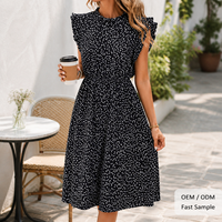 Robe Midi Femme Noire Imprimée Volants Épaules Taille Élastique Ligne A Été Casual OEM ODM Grossiste Usine Custom B2B Mode Femme