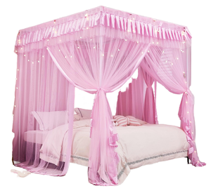 Lit à baldaquin carré en maille polyester avec drap de lit, pliable, pour usage extérieur, pour la maison des enfants, toutes saisons, rose - Product Image 1