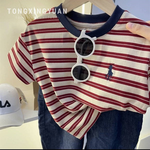 Children's T-shirt Striped Short Sleeve Cotton Moisture Wicking For Boys And Girls Summer Wear Gray Black Red Stripes - Product Image 4