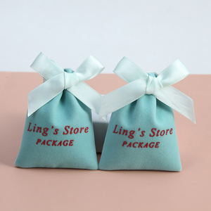 Aqua Blue 7x9 cm Drawstring Velvet Flannel Jewelry Pouch Bag Gift Dust Bag with <b>Ribbon</b> for Storage or Presentation - Product Image 3