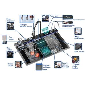 Évier de cuisine intelligent moderne en acier inoxydable multifonctionnel <span class=keywords><strong>avec</strong></span> affichage numérique LED, édition 2025, 4 touches piano, <span class=keywords><strong>avec</strong></span> <span class=keywords><strong>cascade</strong></span> - Product Image 3