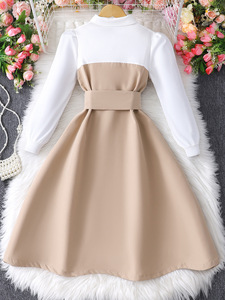 <span class=keywords><strong>Robe</strong></span> de Fille Élégante Style Coréen à Col et Blocs de Couleurs, Manches Courtes, Kaki, pour Anniversaire, Grande Fille de 12 Ans - Product Image 2