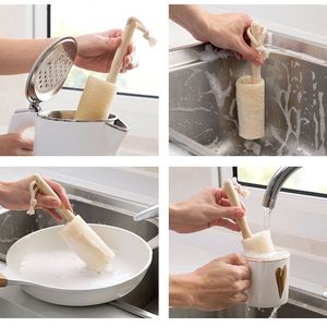 Cepillo de limpieza de madera de mango largo al por mayor, cepillo de lavado de tazas con red de lufa y función para colgar, cepillo doméstico para limpiar ollas - Product Image 5