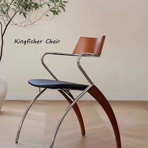 เก้าอี้รับประทานอาหารทรงประติมากรรมสมัยใหม่พร้อมโครงโลหะโครเมียมและพนักพิงไม้โค้งสำหรับห้องนั่งเล่น โรงแรม คาเฟ่ - Product Image 1