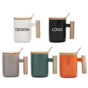 Caneca de café de cerâmica personalizada, caneca de café nórdica com alça de madeira, tampa de bambu e colher