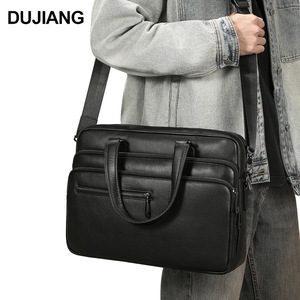 Dujiang Genuine Leather Business <b>Briefcase</b> Men's Large Capacity Shoulder Bag For Business Travel Solid Color Black - Product Image 2