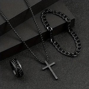 Ensemble de 3 pièces plaqué or : Colliers pendentifs croix tendance, bracelets chaîne cubaine et bague pour femmes et hommes, bijoux de fête - Product Image 1