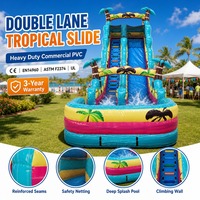 Toboggan aquatique gonflable commercial extérieur à une voie, long, avec piscine à jets, thème palmier tropical, coloris turquoise, jaune et rose