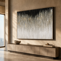 Peinture murale abstraite moderne Bling Design, nature morte dégradée, texture goutte à goutte noir, blanc et or, sur toile encadrée bois, avec feuille d'or