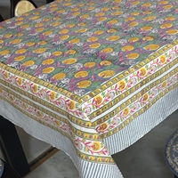 Nappe rectangulaire en pur coton 140*220cm, imprimé floral gris-vert, motif botanique jaune, pour table à manger