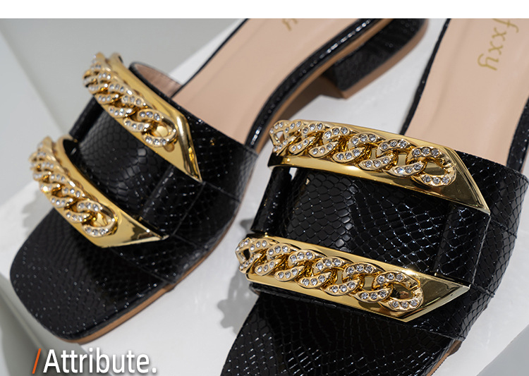 Ladies Fashion Slipper Shoes Rhinestone Chain Low Heel Sandals for Women