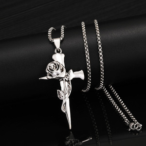 Collana Lunga con Ciondolo Unico in Acciaio Inossidabile, Design Vintage Retrò con Rosa e Croce, Edizione Limitata per Uomo - Product Image 1