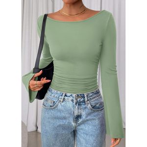 FOXA Women's Long Sleeve Crop Top Boat Neck <b>Bell</b> Sleeve Ribbed Ruched Casual Y2K Style Knit Pullover - Product Image 6