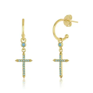 Gemnel fine fashion 925 silver jewelry baby cross turquoise hoop huggie drop cross earrings woman 2024