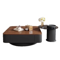 Table basse en noyer avec tiroirs, coins arrondis, table centrale moderne en bois avec rangement, base noire anthracite, salon