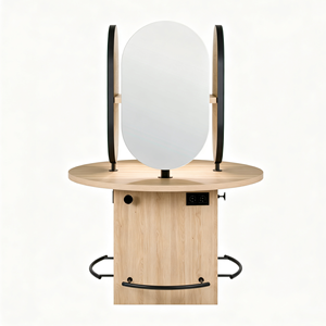 Estación de Espejo Redonda de 4 Lados para Salón, Espejo Ovalado para Estilismo Capilar con Enchufe Integrado para Salón de Belleza - Product Image 2