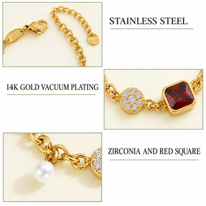 Pulsera de Cadena con Circonitas Rojas Cuadradas en Color Oro y Plata, Acero Inoxidable, Baño de Oro de 14K, Detalle de Cuentas Blancas - Product Image 3