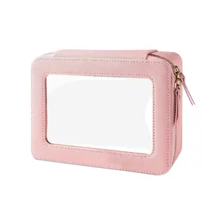 Customized Girl Travel Toilet Bag Organizer Premium Portable Washbag Stylish Pink PU Leather Toiletry Bag With Clear Window