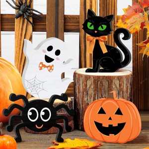 Décoration de table en bois pour Halloween, ensemble de 4 pièces, panneaux en forme de fantôme, chat noir, araignée, <span class=keywords><strong>citrouille</strong></span> pour la fête d'Halloween, décoration de la maison - Product Image 1