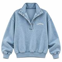 Sweat-shirt en jean délavé pour femme, col montant boutonné, coupe ample, doux et confortable, style streetwear décontracté pour le quotidien