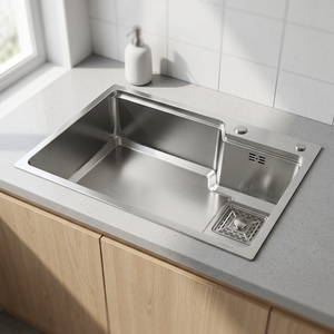 Grand évier de cuisine en acier inoxydable SUS304 de 3 + 0.75mm d'épaisseur, modèle 7545, étirement automatique manuel. - Product Image 1