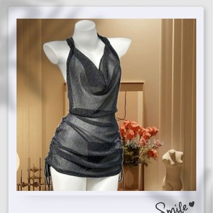 Silver <b>Glitter</b> <b>Mesh</b> Halter Bodycon <b>Dress</b> Sheer Layer Translucent Club <b>Dress</b> Adult Size Natural Waistline - Product Image 3