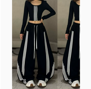 Women's <b>White</b> Striped Polyester <b>Long</b> <b>Sleeve</b> <b>Crop</b> <b>Top</b> and Wide Leg Sweatpants Set <b>with</b> Elastic Waistband and Drawstring - Product Image 5