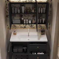 Meuble de salle de bain mural en céramique de style français-américain moderne et luxueux avec miroir LED, lavabo intelligent et table de toilette