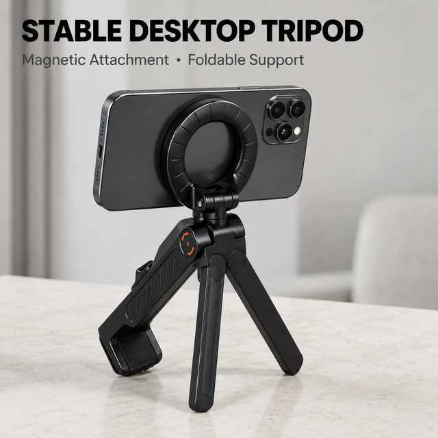 Custom Logo Stable Support Foldable Double Sided Magnetic Phone Tripod Stand with Selfie Grip and 30mm Clamp for Travel