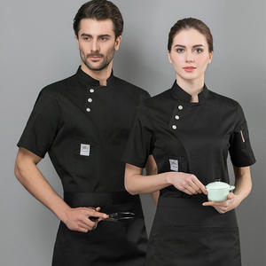 Salopette de <span class=keywords><strong>chef</strong></span> unisexe à manches courtes Blouses d'été Vêtements de <span class=keywords><strong>cuisine</strong></span> réguliers pour hôtel et restauration Chemises de printemps tissées pour femmes - Product Image 4