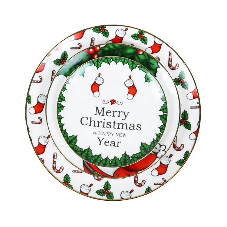 Набор рождественских блюд и тарелок, Новый рождественский стиль, керамическая круглая посуда, оптовая продажа, фарфоровая посуда с золотыми краями