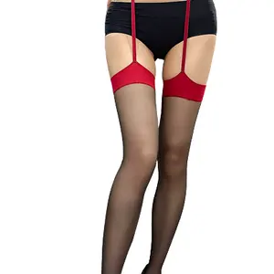 Women's Nightclub Party Red Black Long Knee Length Sexy Garter Stockings Erotic One Piece Open Front Tight Nylon Female Leggings