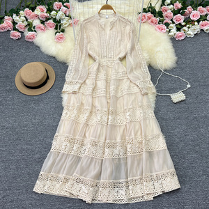 Nouvelle Tunique Vintage Midi Décontractée pour <span class=keywords><strong>Femme</strong></span> à Manches Lanternes Coupe Empire Patchwork <span class=keywords><strong>Robe</strong></span> en Dentelle Creuse <span class=keywords><strong>Noire</strong></span> <span class=keywords><strong>et</strong></span> <span class=keywords><strong>Blanche</strong></span> - Product Image 5