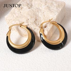 18K Gold Plated Polish Chunky Hoop <b>Earrings</b> Waterproof Stainless Steel <b>Black</b> and White Enamel Moon Shape <b>for</b> <b>Women</b> Gift - Product Image 1