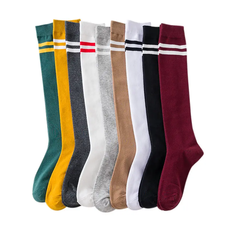 Kaus kaki selutut untuk anak laki-laki dan perempuan, kaus kaki panjang Motif garis-garis bahan katun olahraga, kaus kaki putih untuk anak-anak