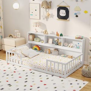 <span class=keywords><strong>Cama</strong></span> Montessori Moderna de Metal con Estantería, Estantes de Almacenamiento, Barandillas de Seguridad, Tamaño Personalizado, Camas Gemelas para Niñas y Niños - Product Image 3