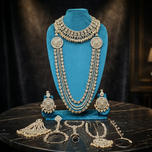 Traditional Heavy Rose Gold Bridal Accessories <b>Set</b> Red Crystal Choker Long Haram Necklace <b>Set</b> with Gemstone Drops - Product Image 3