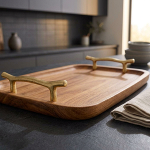 Plateau de service rectangulaire moderne en bois avec poignées métalliques décoratives, plateau de table basse ottoman en bois, plateau de luxe pour cuisine - Product Image 6