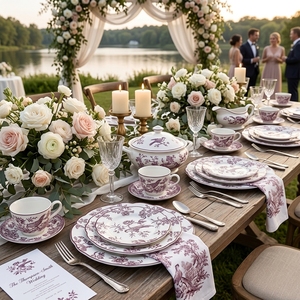 Elegante Juego de Vajilla de Porcelana Fina con Diseño Botánico Inglés, Platos de Cerámica con Borde Ondulado para Banquetes de Boda, Eventos y Catering - Product Image 5