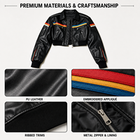 Blouson Moto en Cuir Noir Court pour Femme, Style Biker Rayé, avec Fermeture Éclair, Personnalisable (OEM, Marque Privée, Fabrication en Usine)