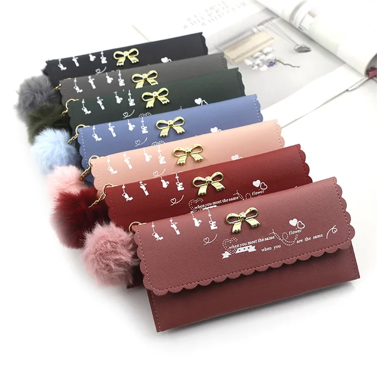 New Women's Long Purse Hairball Bow Hold Bag Document Change Money Clip Solid Color Simple Card Bag