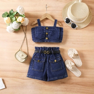 Conjunto de Roupas para Meninas Pequenas por Atacado, Top de Denim Sem Mangas com Laço + Shorts Jeans, Conjunto de 2 Peças - Product Image 1