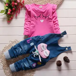 Baby Girl Clothes Girls Long Sleeve Cartoon Tops Kid Cute Print Suspender Denim Pants Set Newborn Baby Girls Outfit 2pcs