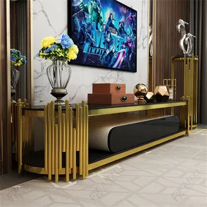 Meubles de salon pour maison de luxe d'usine meuble TV moderne en or supports de télévision avec dessus en verre noir en acier inoxydable modernes