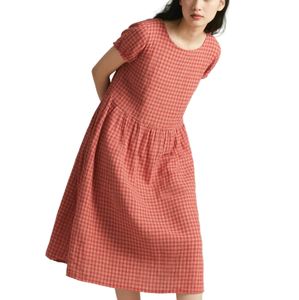 Abito da donna in cotone a scacchi rossi a maniche corte girocollo abito Midi Casual estivo per lavoro e gite - Product Image 3